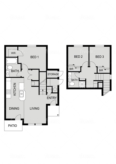 Floor plan for 3 beds, 2 baths, 1200 sqft